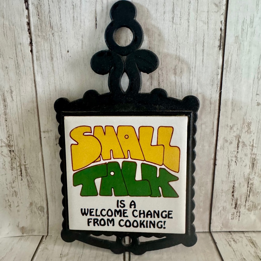 Vtg Enesco Small Talk Is A Welcome Change From Cooking Cast Iron Ceramic Trivet